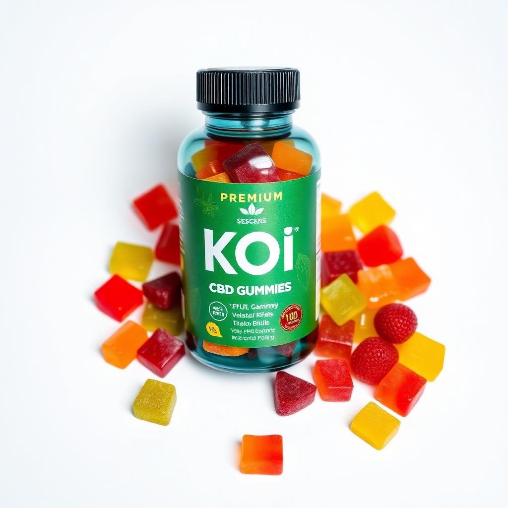 Koi CBD Gummies bottle with colorful fruit gummies
